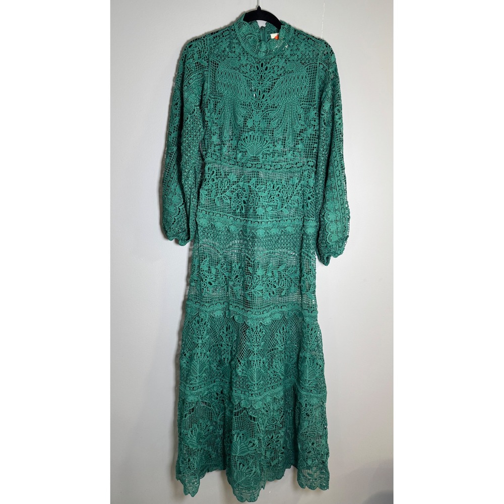Farm Rio Green Guipure Lace Maxi Dress High Neck Long Sleeve Size S 319613
